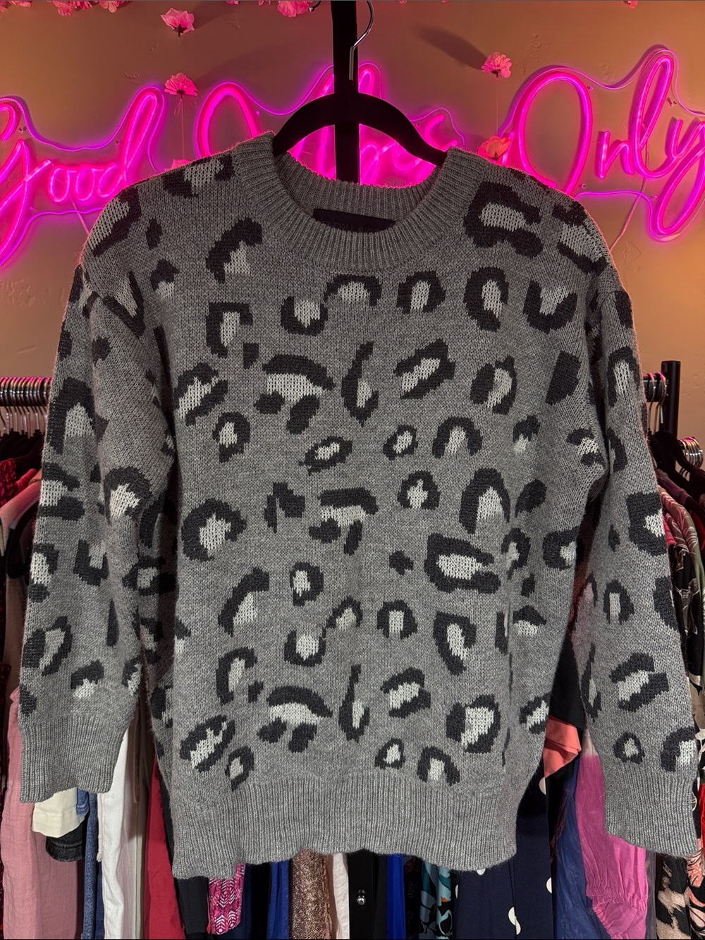 Kendall & Kylie Gray and Black Leopard-Print Crewneck Sweater NWOT